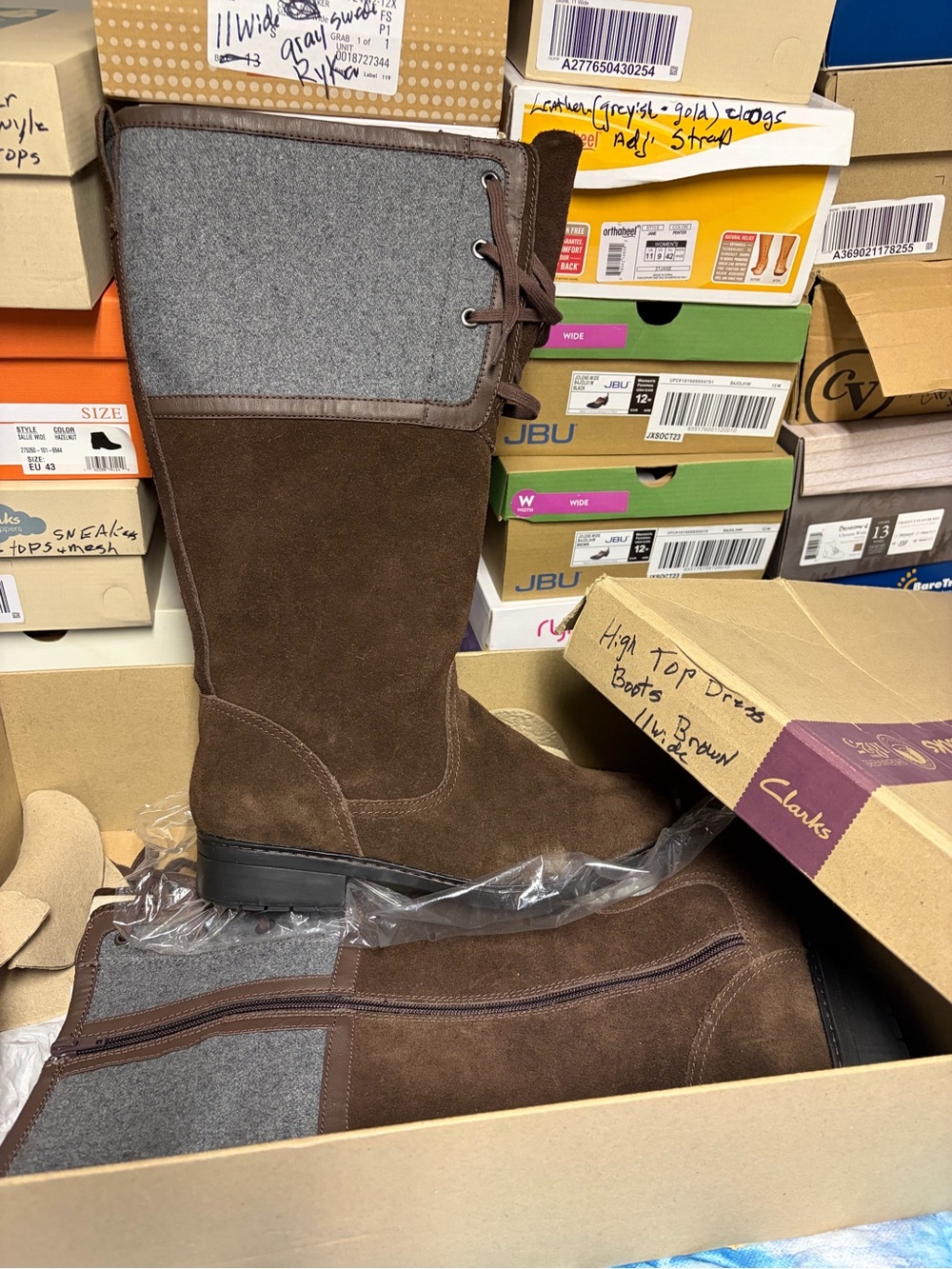 Clarks Women’s Brown Suede Lace-Up High Boots with Gray Felt Cuff